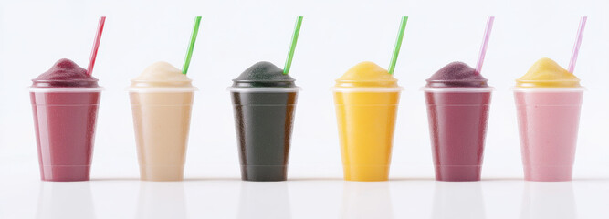 Refreshing frozen drinks in colorful cups with straws, perfect for summer enjoyment