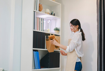 A beautiful girl happily cleaning the living room. She smiles brightly while cleaning. She makes the house clean and happy.