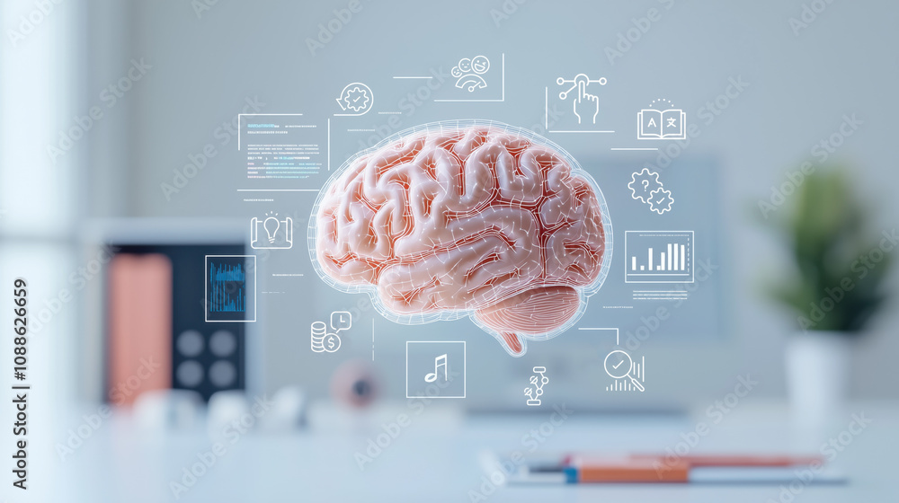 Aufkleber floating brain with digital icons representing knowledge and technology