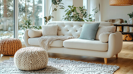 Cozy Living Room Retreat:  A modern living space bathed in natural light with a plush sofa, inviting throw pillows, and a warm, inviting atmosphere. The perfect image for interior design, home decor.