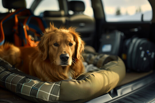 A golden retriever dog in a bed at the back of a car.
