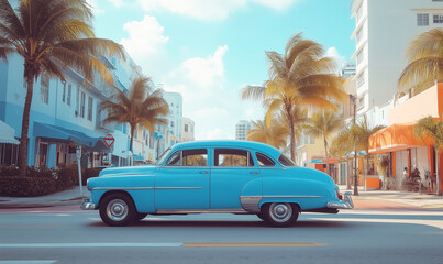 Vintage blue car on the streets in summer, generated ai 