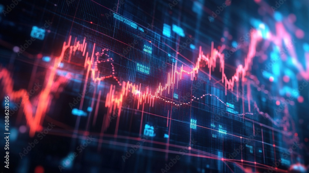 Poster digital display of stock market data with red and blue lines