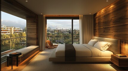Modern bedroom with large window showcasing scenic outdoor view during daylight
