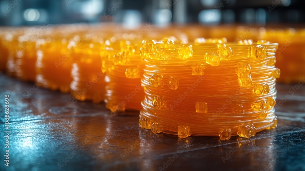 Poster stacks of orange filament used for 3d printing processes.