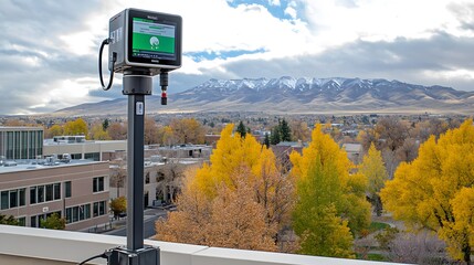 Air quality monitoring station in urban environment, measuring pollution levels to ensure public health and environmental safety.