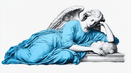 Serene Angel Reposing on Cloud Celestial Artistic Black White High Resolution Image