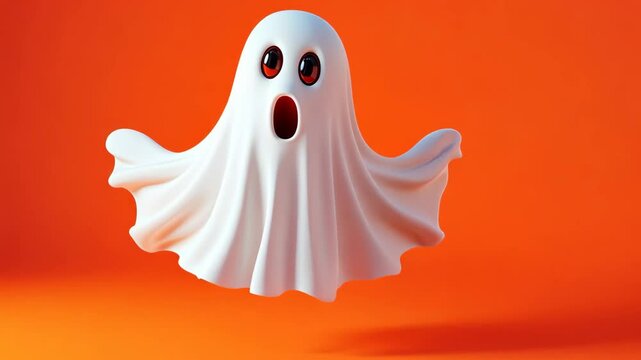 A playful, white cartoon ghost with large, expressive eyes hovers over an orange backdrop