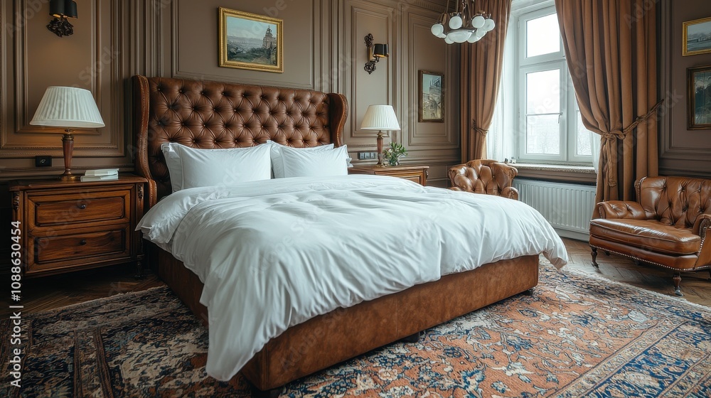 Fototapete Elegant hotel bedroom featuring a plush bed and classic decor in a luxurious setting