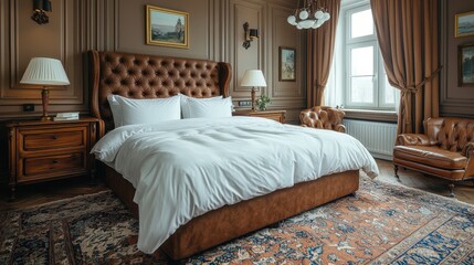 Elegant hotel bedroom featuring a plush bed and classic decor in a luxurious setting