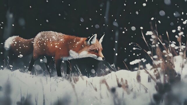 A fox hunting in the snow