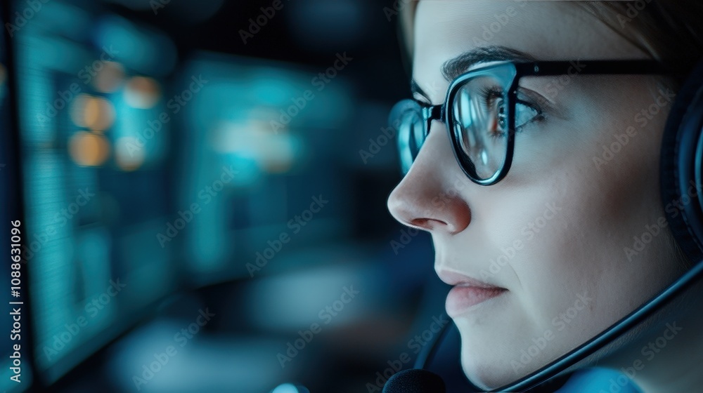 Poster focused customer service agent call center headset computer support