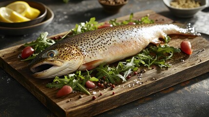 A beautifully presented whole trout garnished with fresh greens and cherry tomatoes on a rustic wooden board, accompanied by lemon slices.