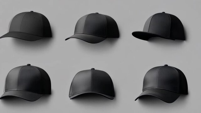 A studio product shot displays six black baseball caps from varying angles