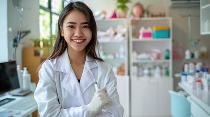 Healthcare professional holding vaccine vial in modern clinic, symbolizing public health efforts and vaccine coverage.
