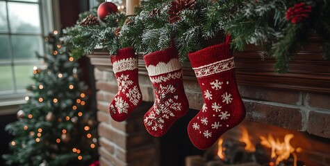 Red and White Stockings Hanging from a Fireplace


