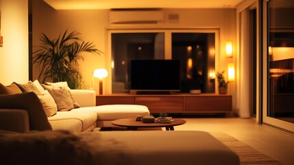 A modern living room with a large sectional sofa and a view of a patio with a swimming pool and lush greenery through large windows.