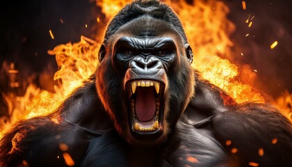 a ferocious anthropomorphic gorilla roaring with fire and debris surrounding him