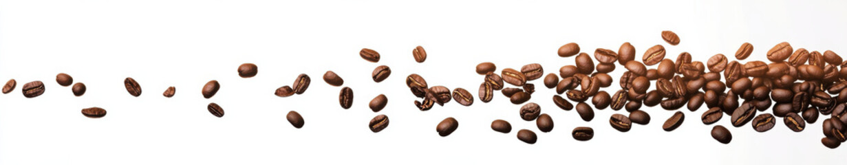 Fototapeta premium Freshly roasted coffee beans scattered across white background, creating dynamic and energetic feel. Perfect for coffee lovers and culinary themes