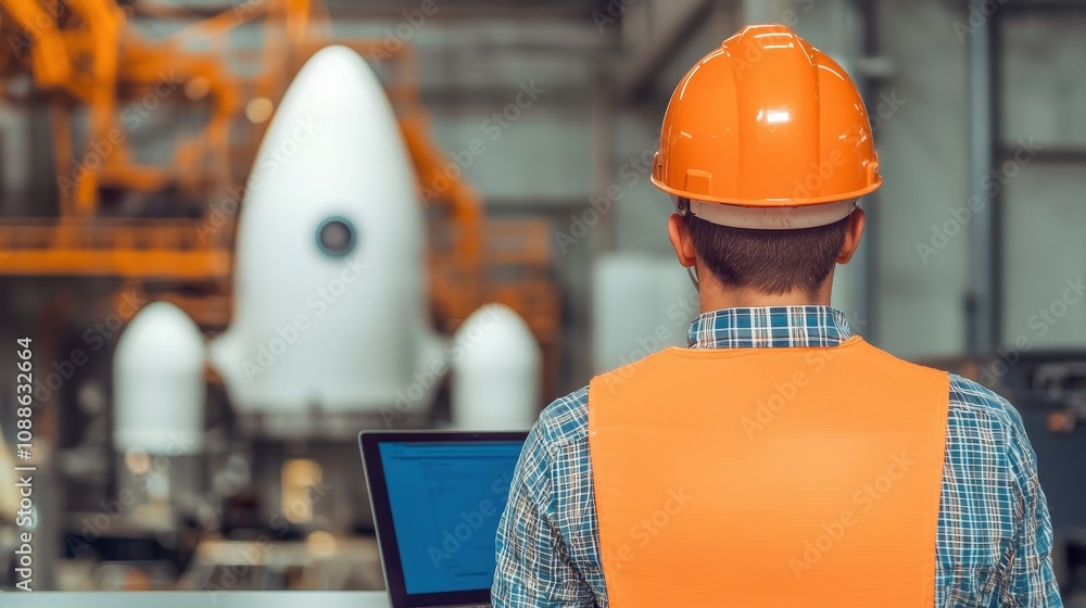 Poster engineer monitoring rocket launch on laptop space program technology