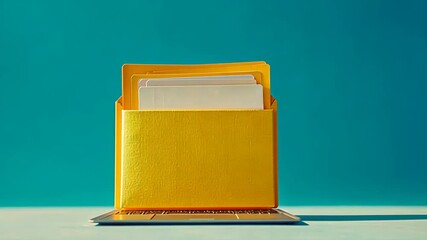 A yellow file folder, filled with off-white papers, rests atop a silver laptop