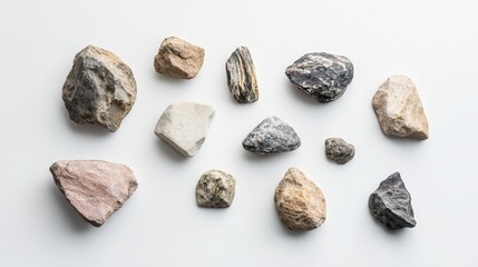 Several rocks, ranging from small to large, are placed on a clean white background.