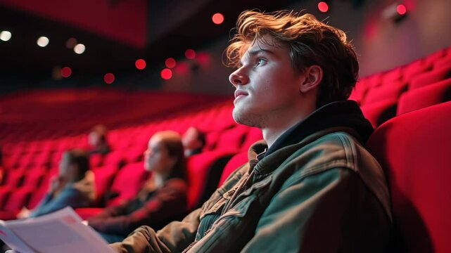 A young man with light brown hair sits in a red cinema seat