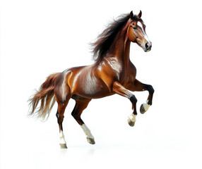 Obraz premium majestic brown horse rears up, showcasing its strength and grace against white background. flowing mane adds to its beauty and elegance