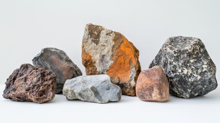 Several stones, each with its own unique shape and texture, are arranged on a white background.