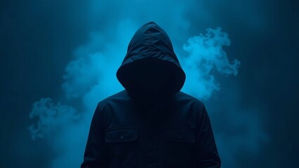 A mysterious figure in a dark hooded jacket on a smoky blue background