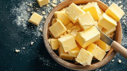 Wooden bowl filled with cubes of butter and a knife, placed on a dark surface dusted with crumbs