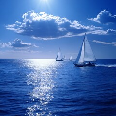 Fototapeta premium Serene Sailing Adventure on Vast Ocean Under Dramatic Blue Sky