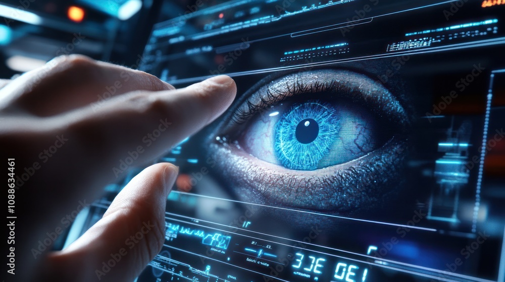 Poster a person hand placed on a fingerprint scanner while their eye is positioned in front of an iris scan
