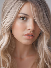 Young Woman with Long Wavy Hair and Soft Makeup