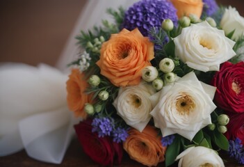 Wedding bouquet of different flowers on a wooden background. AI generated