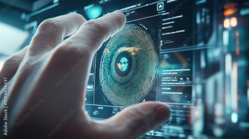Poster a person hand placed on a fingerprint scanner while their eye is positioned in front of an iris scan