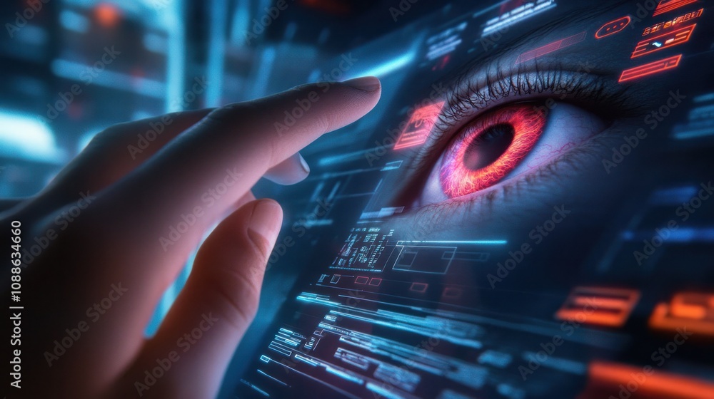 Aufkleber a person hand placed on a fingerprint scanner while their eye is positioned in front of an iris scan