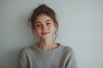 Fototapeta premium Portrait of smiling young girl in a cozy gray sweater against a light background, International Day of Women and Girls in Science, focusing on potential, inspiration, future STEM leadership