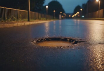 A pothole in the asphalt road at night. Close-up. AI generated