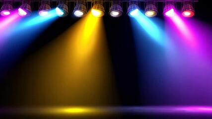 Eight spotlights, mounted on a bar, cast vibrant yellow, blue, and purple beams across a darkened stage