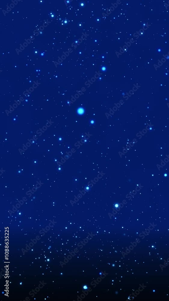 Poster blue bokeh particles floating in the air and falling to the floor on a dark background, vertical com