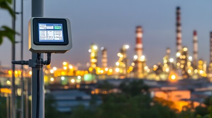 Air quality monitoring station in urban environment, measuring pollution levels to ensure public health and environmental safety.