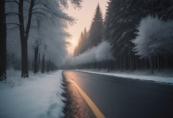 Obraz premium Snowy winter road through the forest at sunset. Beautiful winter landscape. AI generated