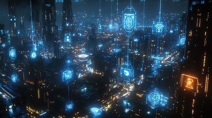 Fototapeta premium A cityscape at night with blue wireless network connection background, Digital technology wireless network connection