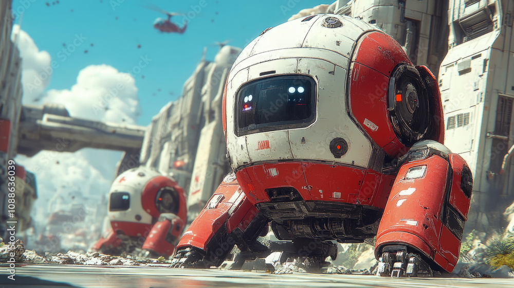 Poster robots with rounded designs and vibrant colors navigate through a detailed urban area featuring high