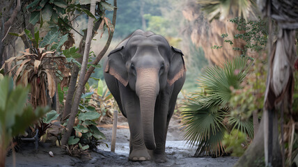 Fototapeta premium Huge elephant walking in the jungle, surrounded by exotic plants and trees. 