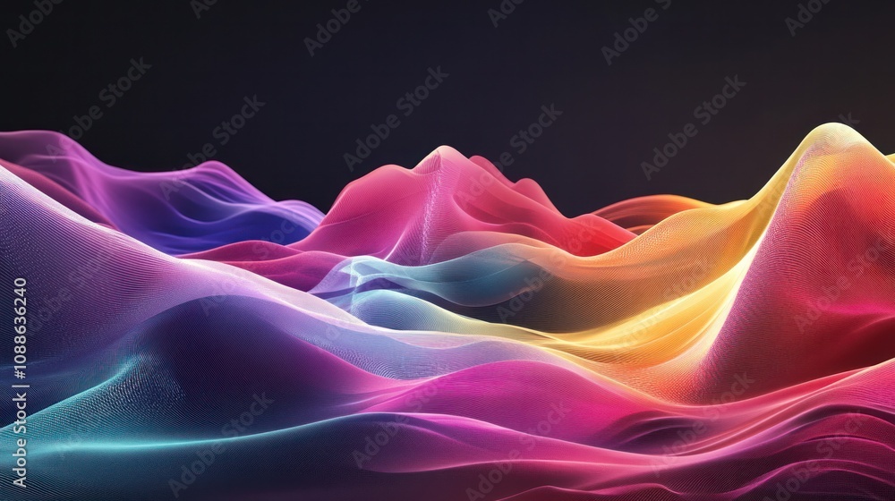 Poster abstract graph of data and technology, featuring layered geometric shapes in various colors that ris