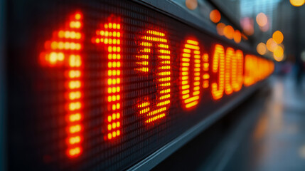 Obraz premium A vibrant digital clock shows the time and countdown while city lights twinkle in the background, creating a dynamic evening atmosphere