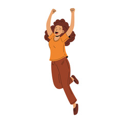 Happy woman jumping for joy, celebrating positivity and success. Clean vector style on white.