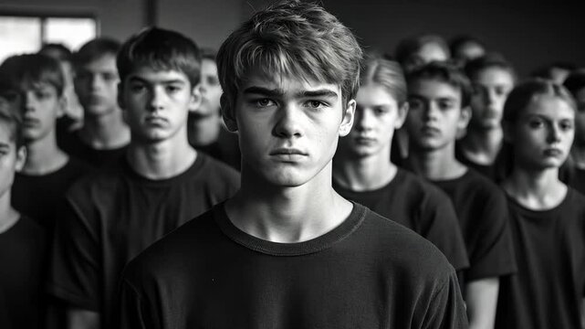 A grayscale image shows a teenage boy in the foreground, his expression serious and somber